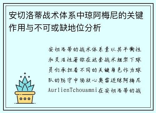 安切洛蒂战术体系中琼阿梅尼的关键作用与不可或缺地位分析