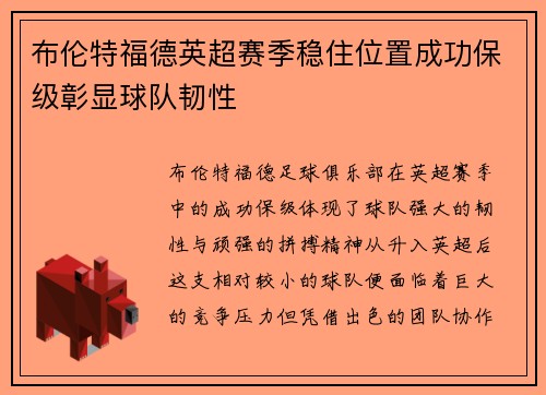 布伦特福德英超赛季稳住位置成功保级彰显球队韧性