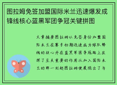 图拉姆免签加盟国际米兰迅速爆发成锋线核心蓝黑军团争冠关键拼图 图拉姆免签加盟国际米兰迅速爆发成锋线核心蓝黑军团争冠关键拼图