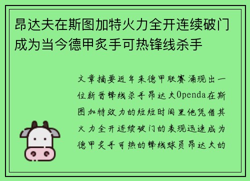 昂达夫在斯图加特火力全开连续破门成为当今德甲炙手可热锋线杀手