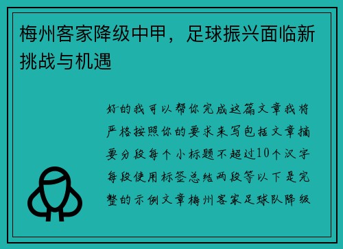 梅州客家降级中甲，足球振兴面临新挑战与机遇